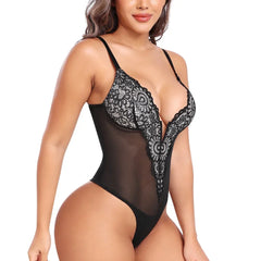 Deep V Lace Thong Bodysuit