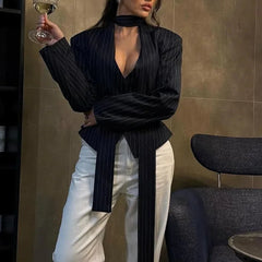 Janelle - Pinstripe Tie-Neck Blazer Top