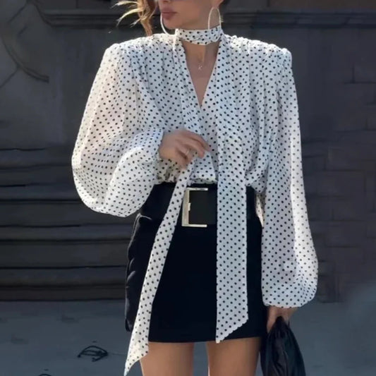 Ilianna - Polka Dot Chiffon Tie-Neck Blouse