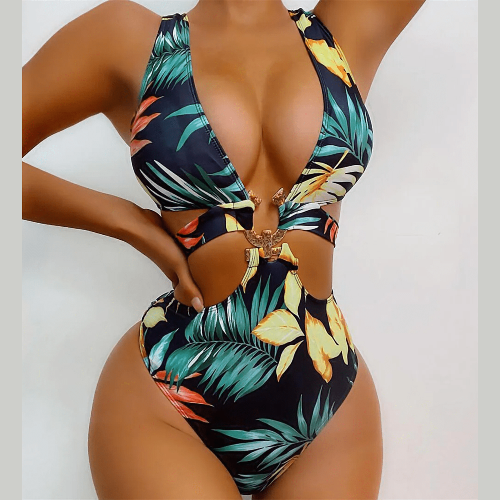 Aitana - Tropical Leaves Print Cut Out Monokini Swimsuit - Model Mannequin