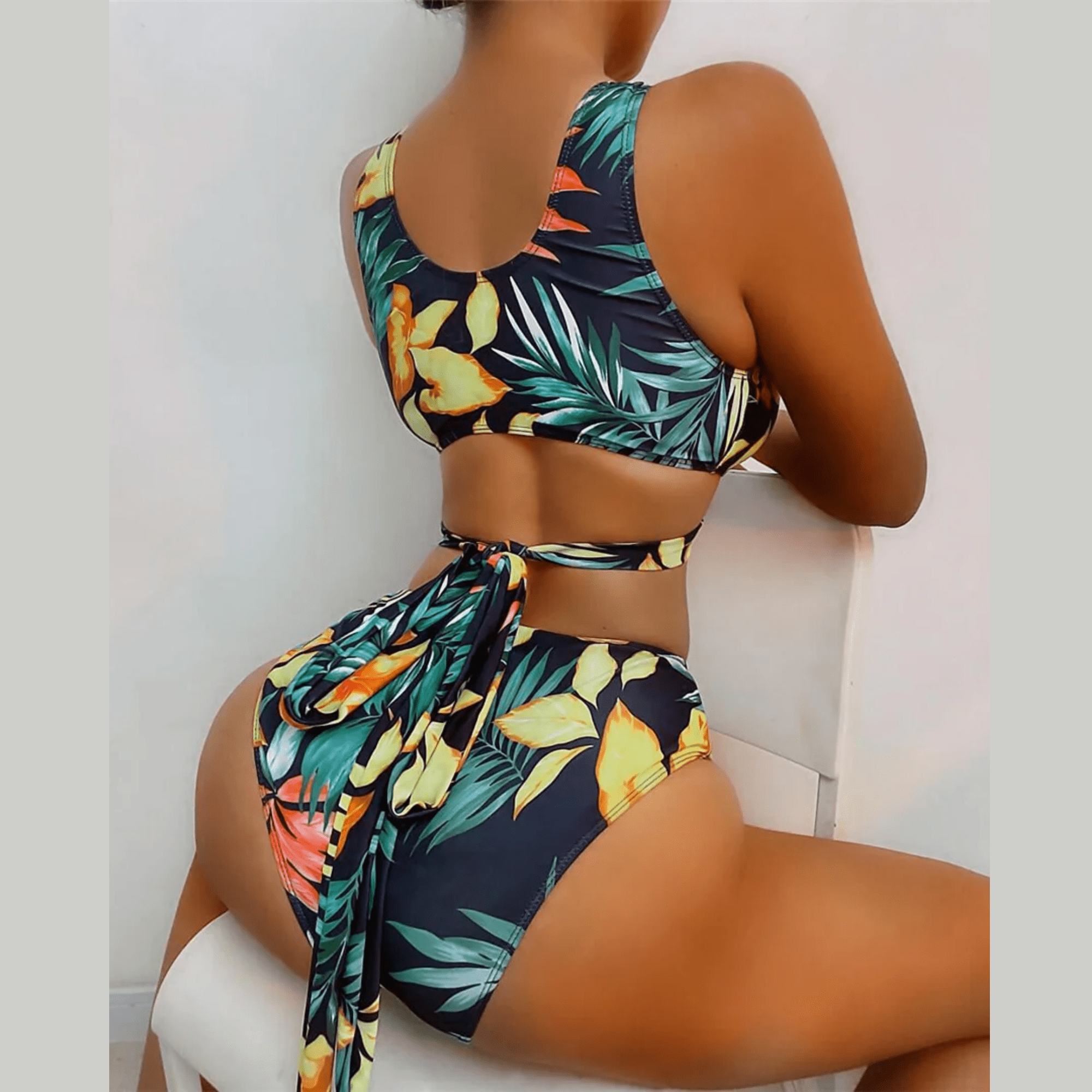 Aitana - Tropical Leaves Print Cut Out Monokini Swimsuit - Model Mannequin