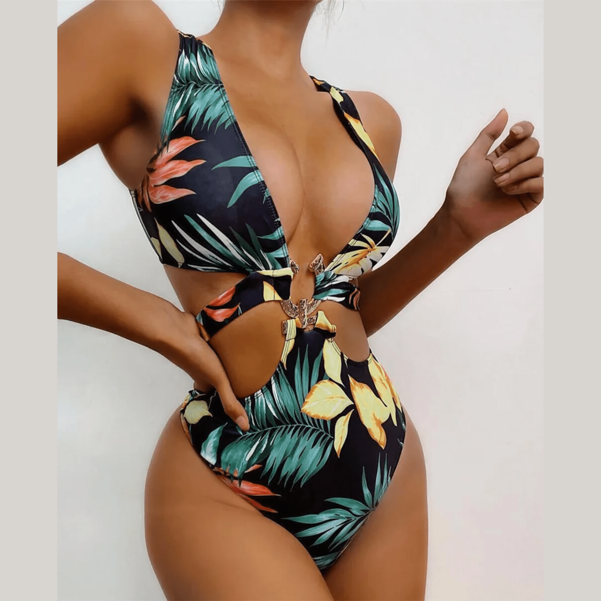 Aitana - Tropical Leaves Print Cut Out Monokini Swimsuit - Model Mannequin