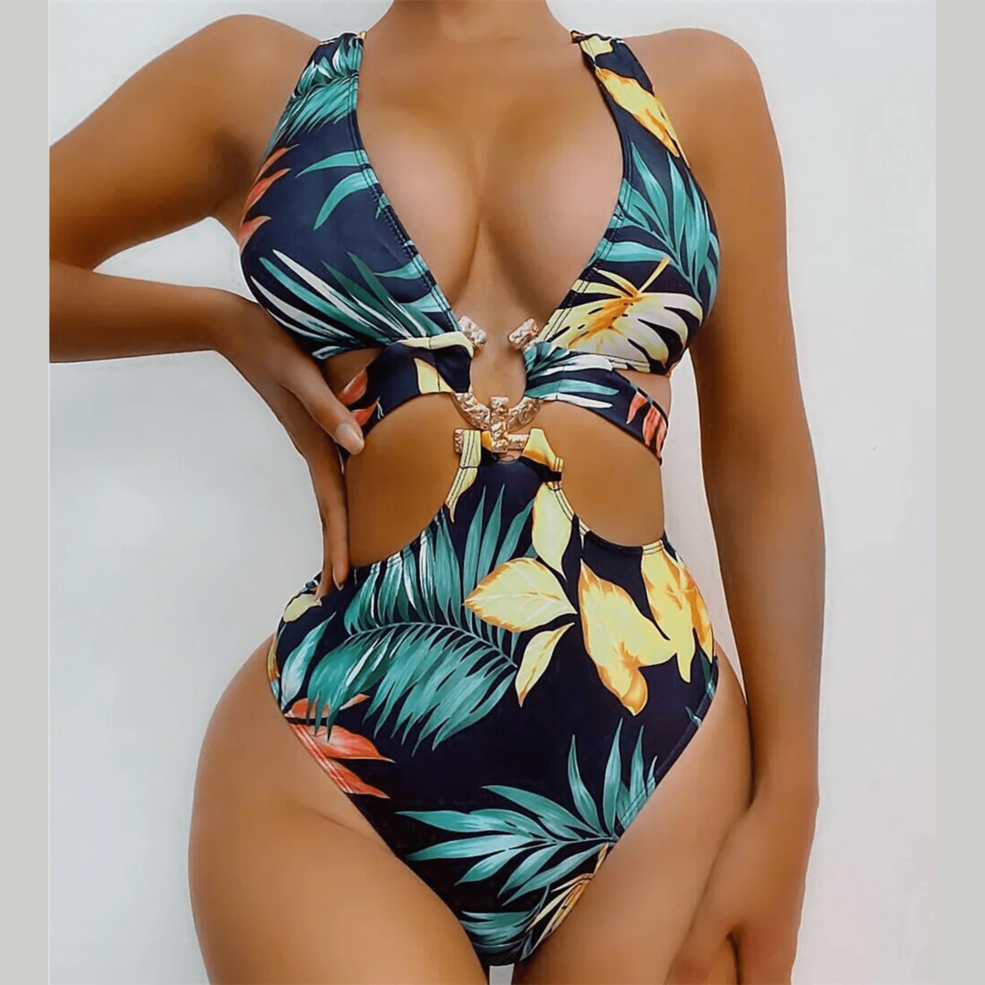 Aitana - Tropical Leaves Print Cut Out Monokini Swimsuit - Model Mannequin