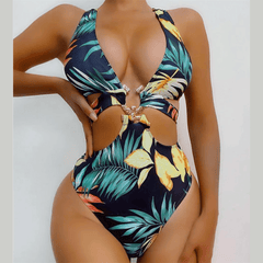 Aitana - Tropical Leaves Print Cut Out Monokini Swimsuit - Model Mannequin