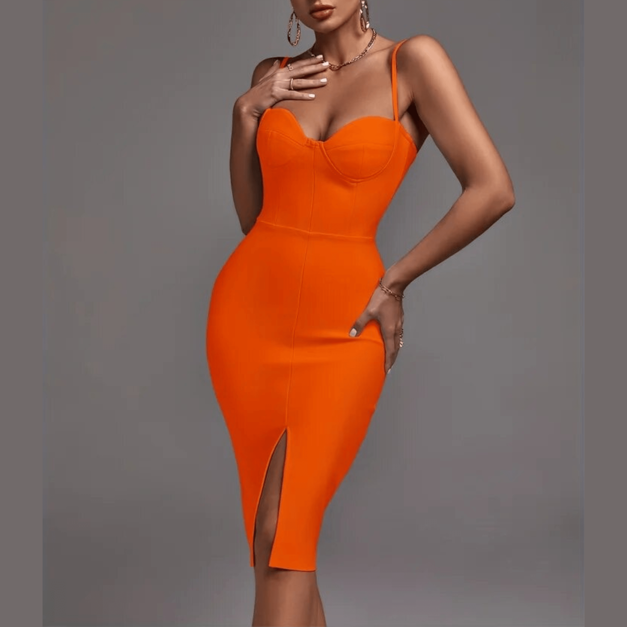Alicia - Orange Front Split Bandage Dress - Model Mannequin