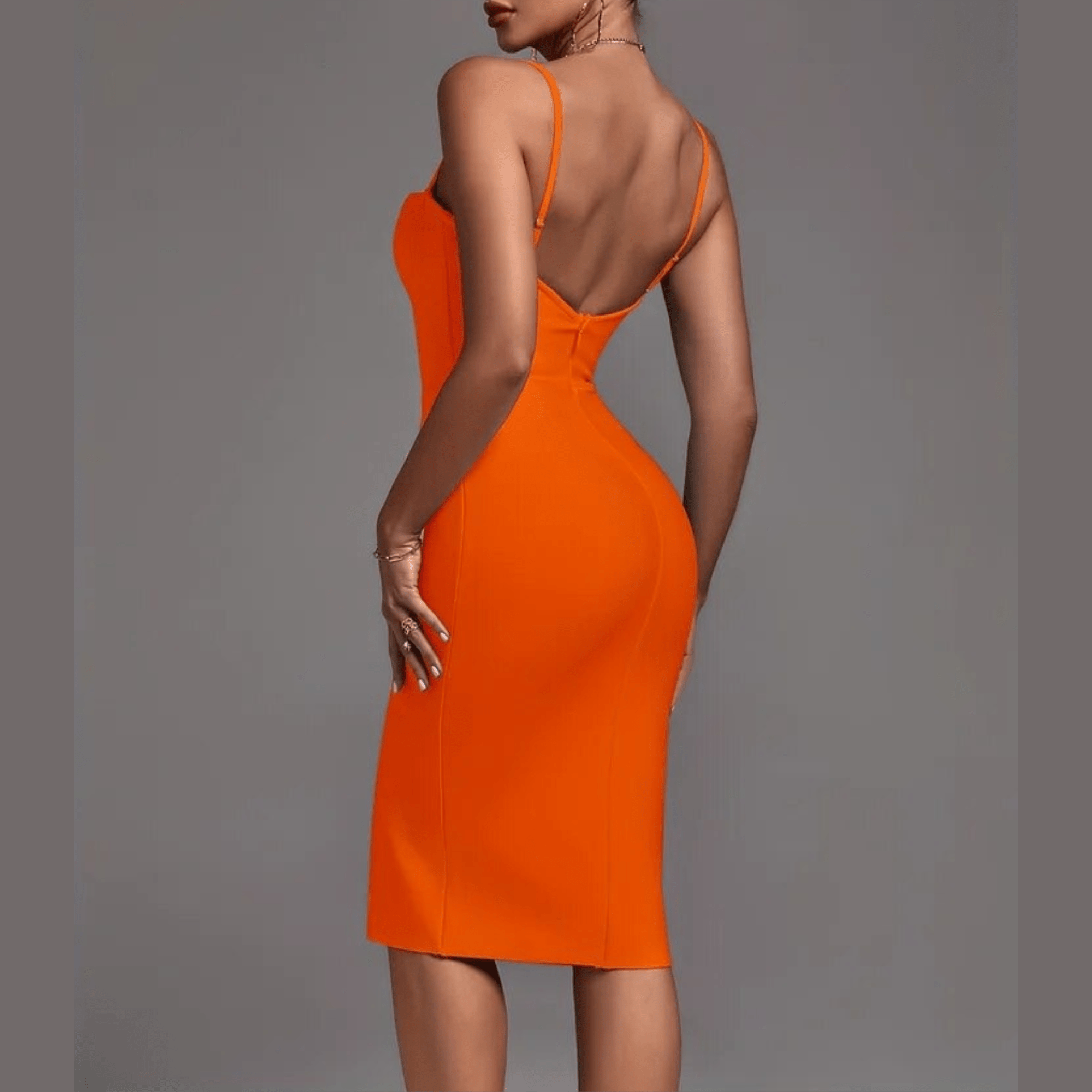 Alicia - Orange Front Split Bandage Dress - Model Mannequin