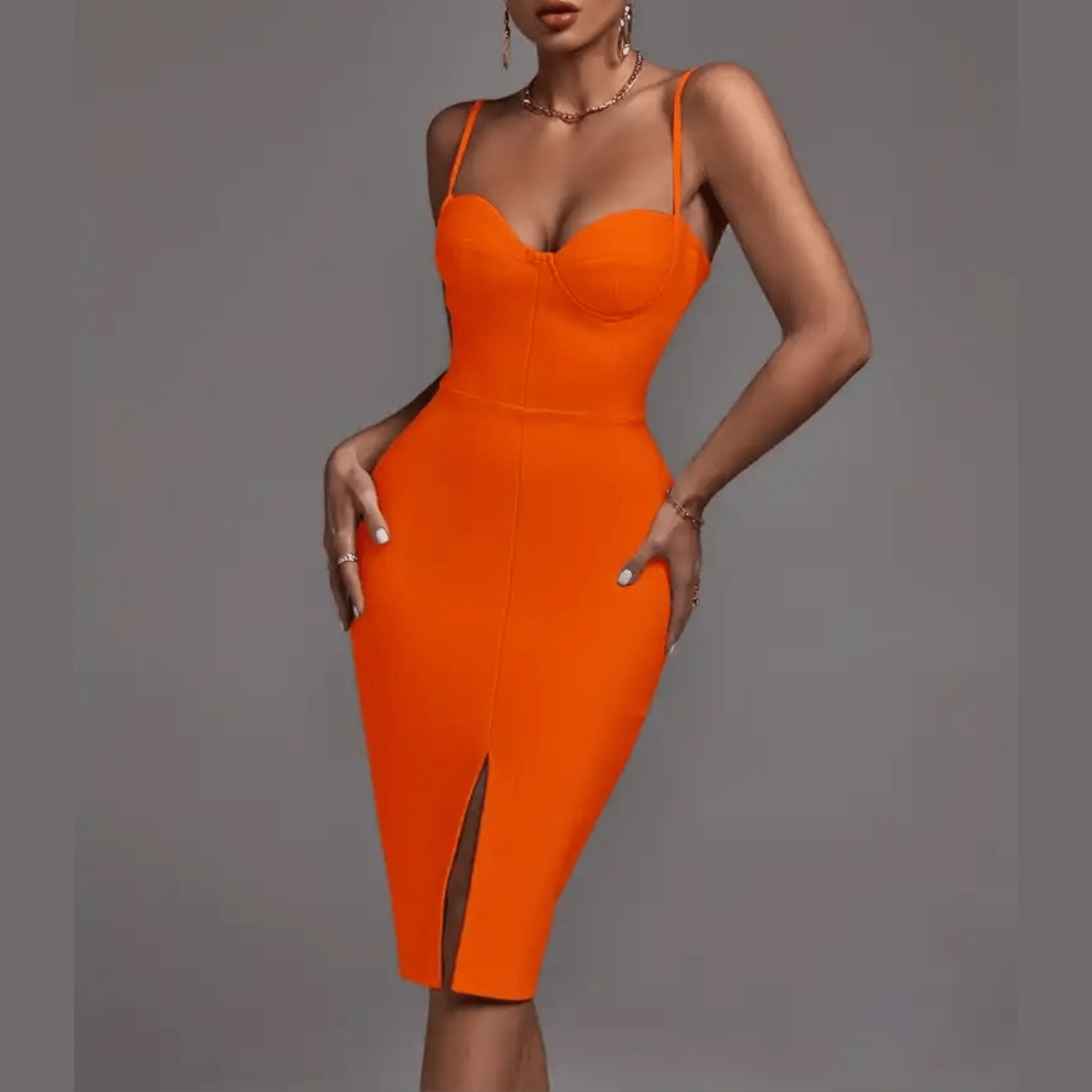Alicia - Orange Front Split Bandage Dress - Model Mannequin