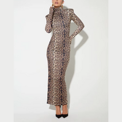 Allegra - Leopardmönstrad Polotröja Maxiklänning med Bodycon