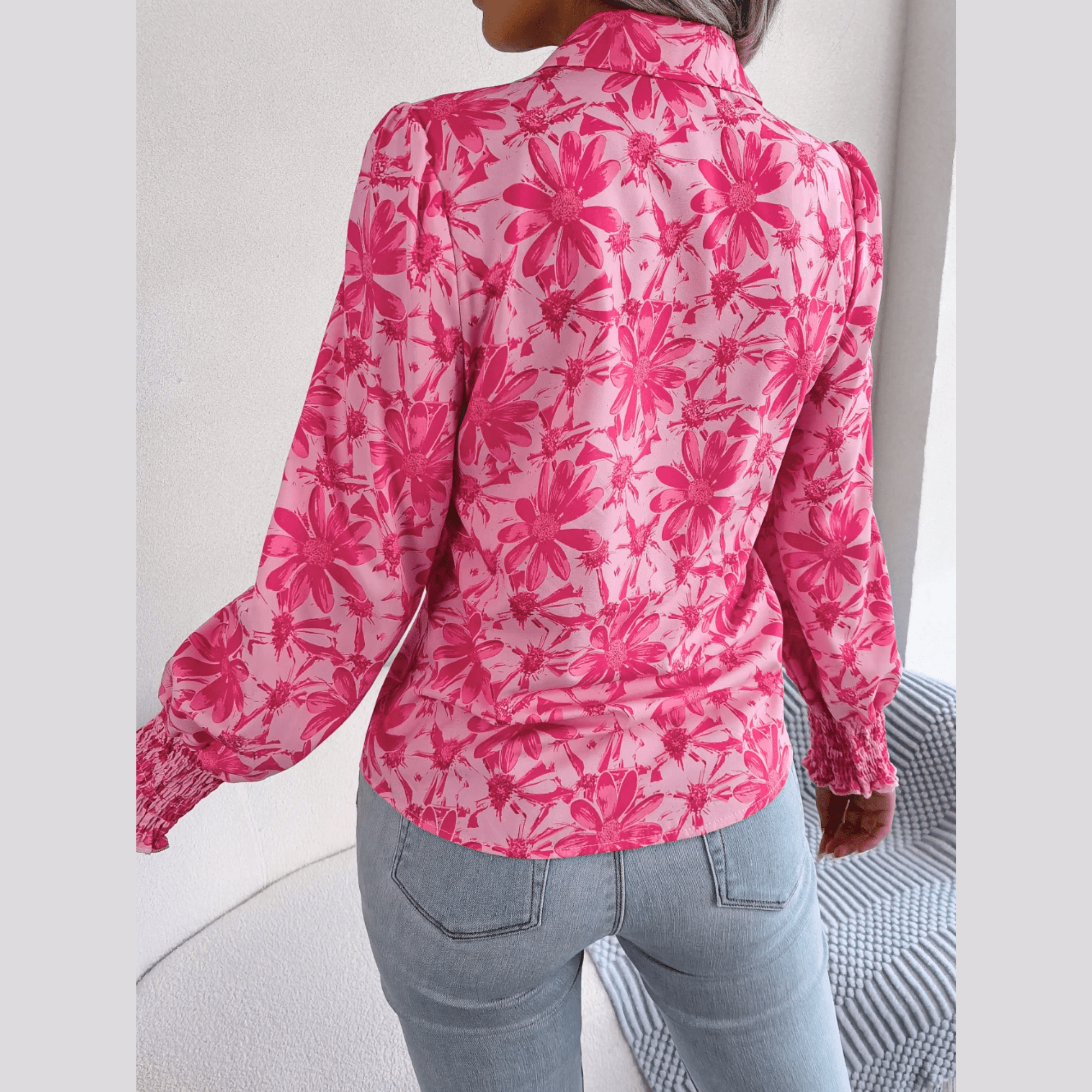 Aminah - Pink Floral Bishop Sleeve Blouse - Model Mannequin