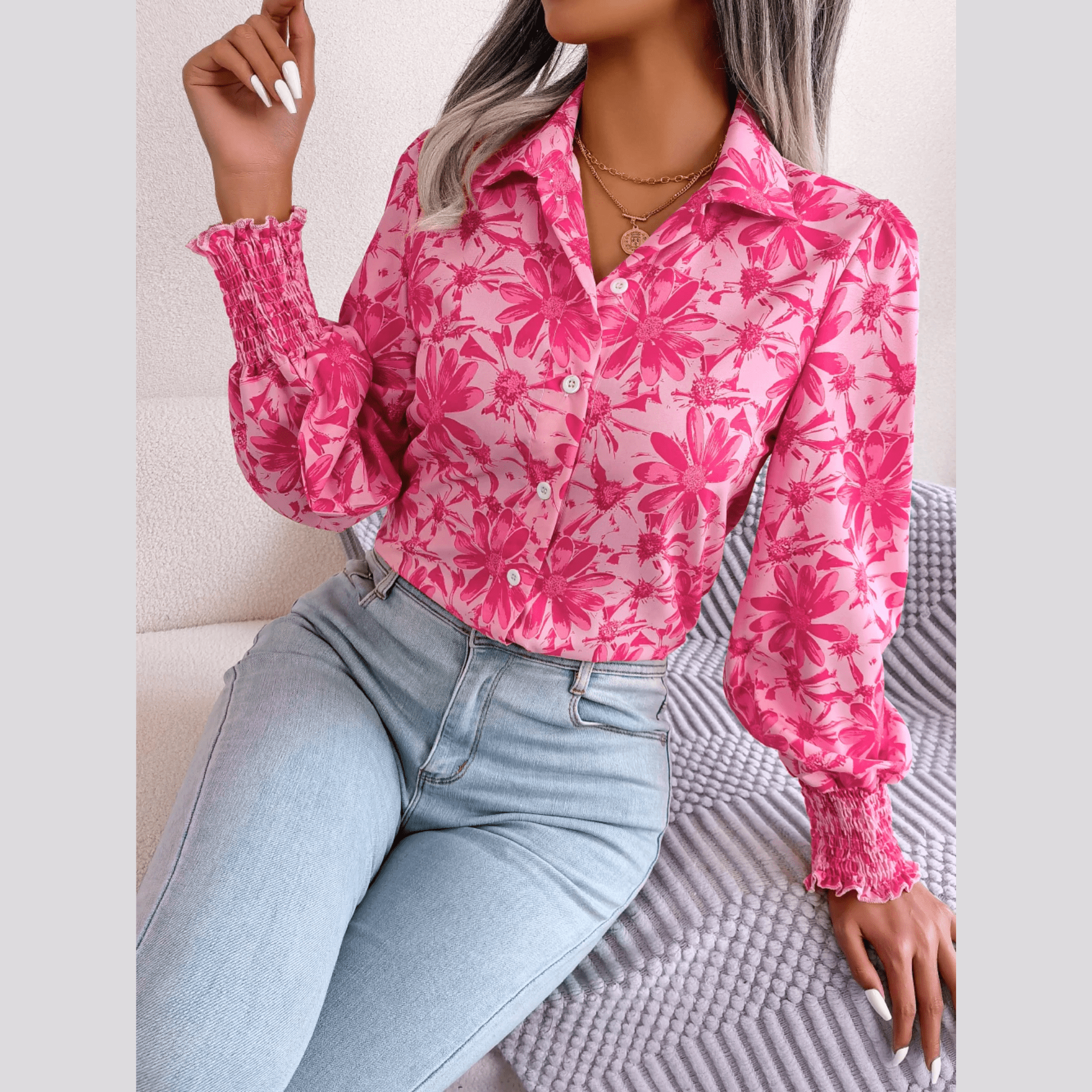 Aminah - Pink Floral Bishop Sleeve Blouse - Model Mannequin