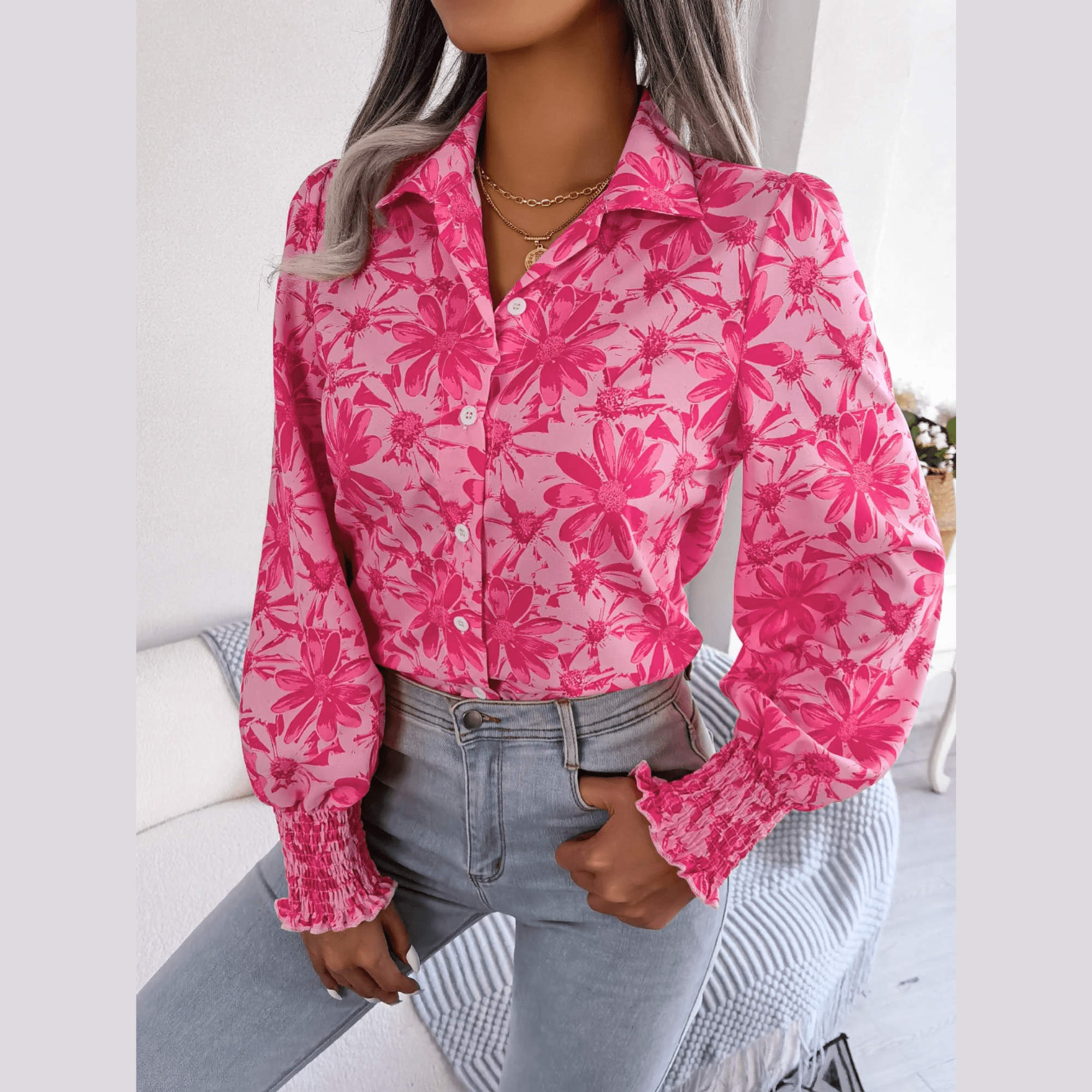 Aminah - Pink Floral Bishop Sleeve Blouse - Model Mannequin