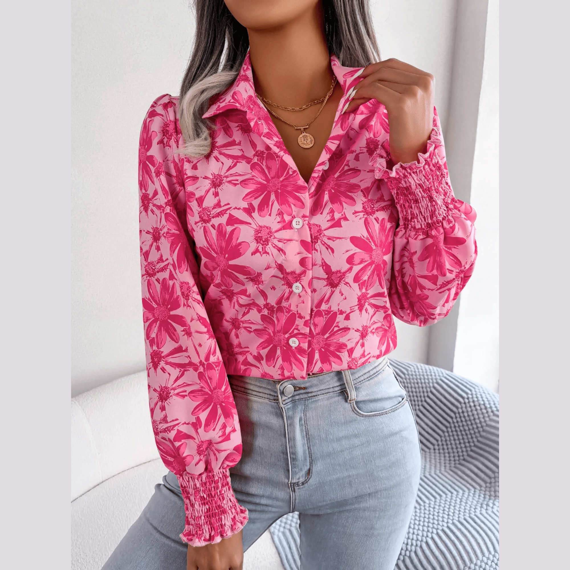 Aminah - Pink Floral Bishop Sleeve Blouse - Model Mannequin