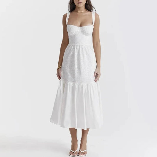 Amoura - White Midi Embroidery Summer Dress - Model Mannequin