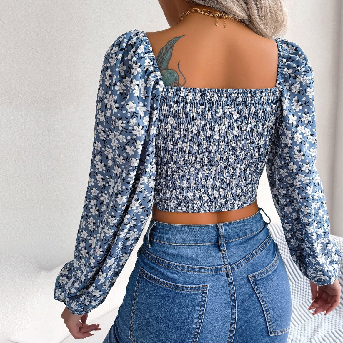 Anita - Blue Floral Print Chiffon Crop Top - Model Mannequin