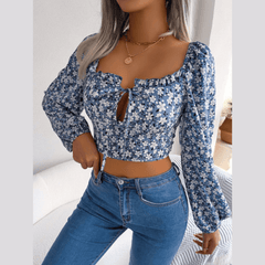 Anita - Blue Floral Print Chiffon Crop Top - Model Mannequin