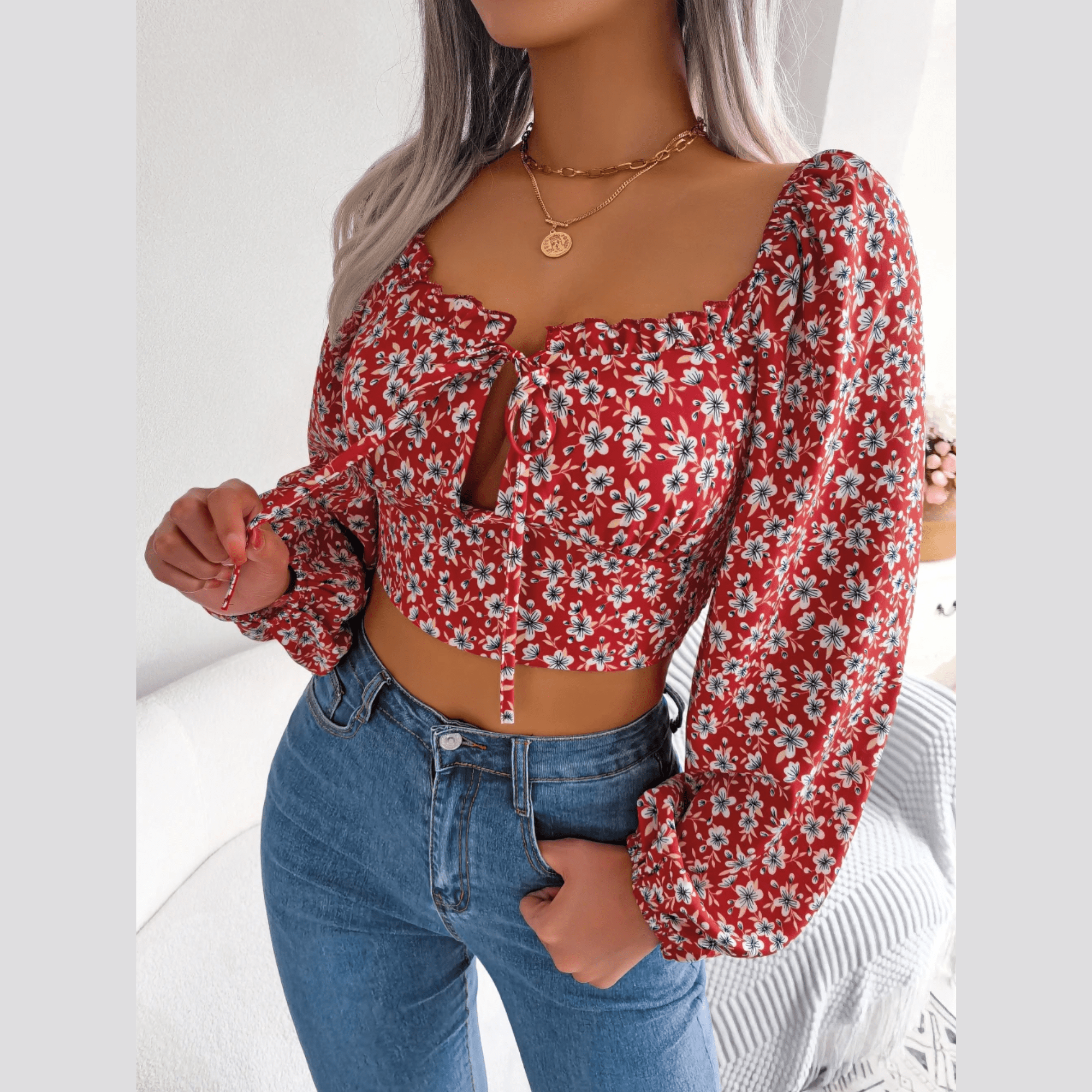 Anita - Red Floral Print Chiffon Crop Top - Model Mannequin