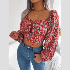 Anita - Red Floral Print Chiffon Crop Top - Model Mannequin