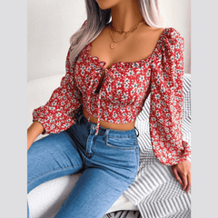 Anita - Red Floral Print Chiffon Crop Top - Model Mannequin