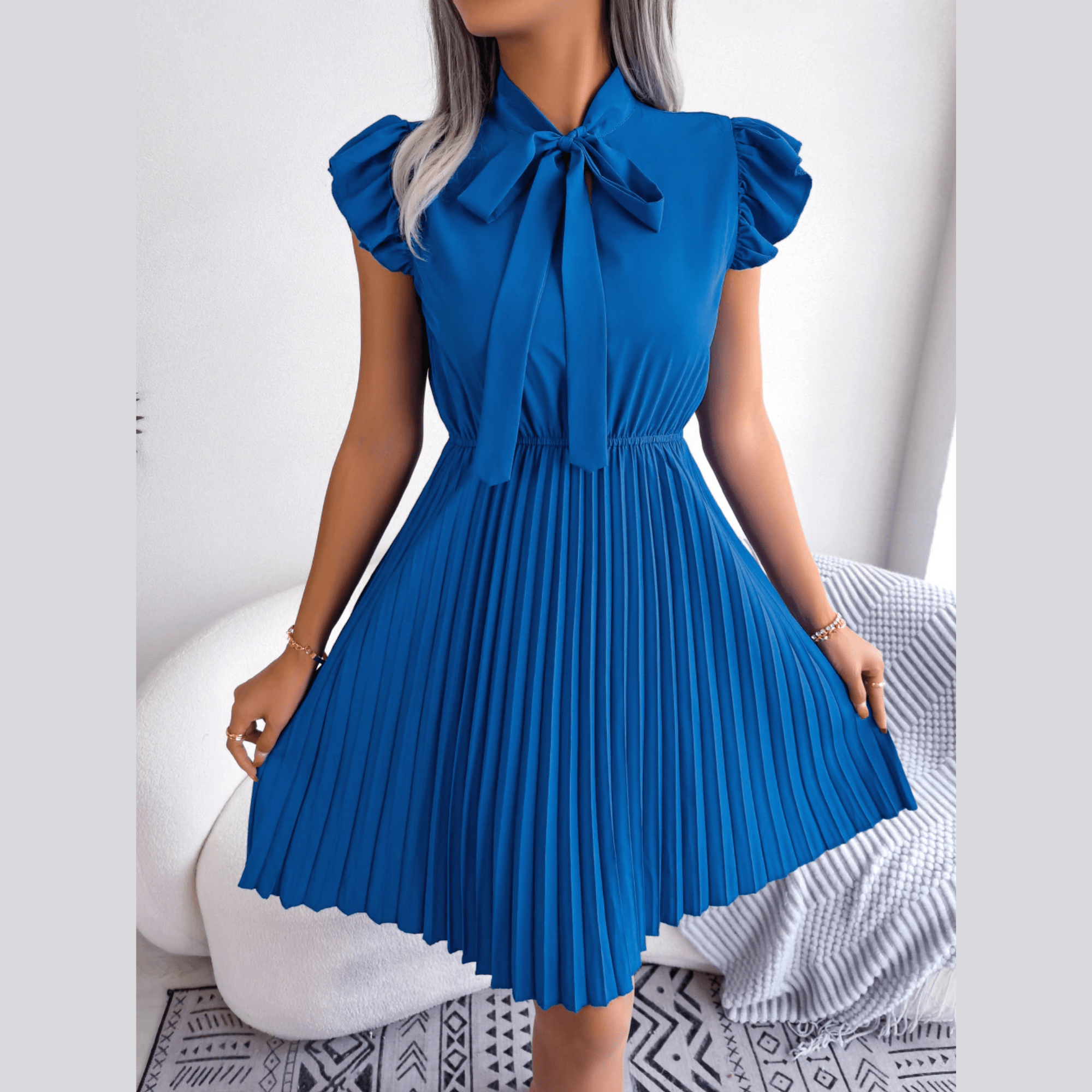 Asia - Blue Pleated Ruffled Sleeve Mini Dress - Model Mannequin