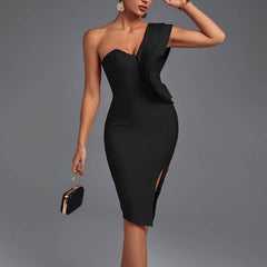 Aurora - Black One Shoulder Ruffle Bandage Dress - Model Mannequin