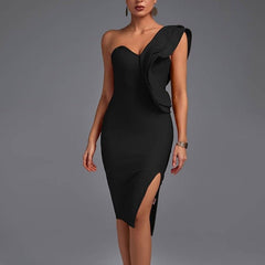 Aurora - Black One Shoulder Ruffle Bandage Dress - Model Mannequin