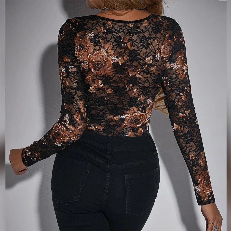 Aviana - Black Floral Print Lace Corset Style Bodysuit - Model Mannequin