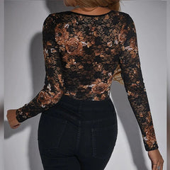 Aviana - Black Floral Print Lace Corset Style Bodysuit - Model Mannequin