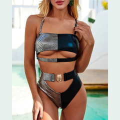 Corinna – Bandeau-Bikini-Set mit hoher Taille in Silber und Schwarz