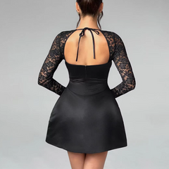 Daphne - Black A-Line Satin Dress With Lace Sleeves