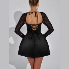 Emry – Schwarzes A-Linien-Kleid mit Paillettenärmeln