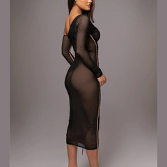 Gianna - Svart One Shoulder Mesh Rynkad Bodycon Klänning
