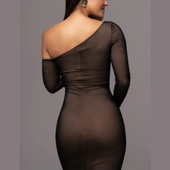 Gianna - Svart One Shoulder Mesh Rynkad Bodycon Klänning