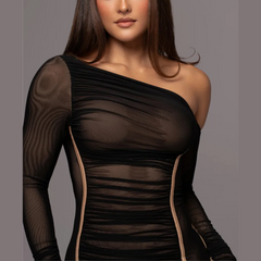 Gianna - Svart One Shoulder Mesh Rynkad Bodycon Klänning