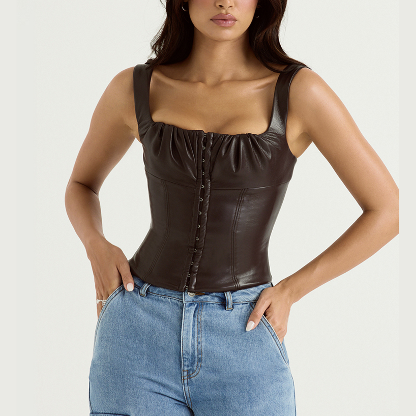 Stella - Brown Vintage PU Faux Leather Corset Top