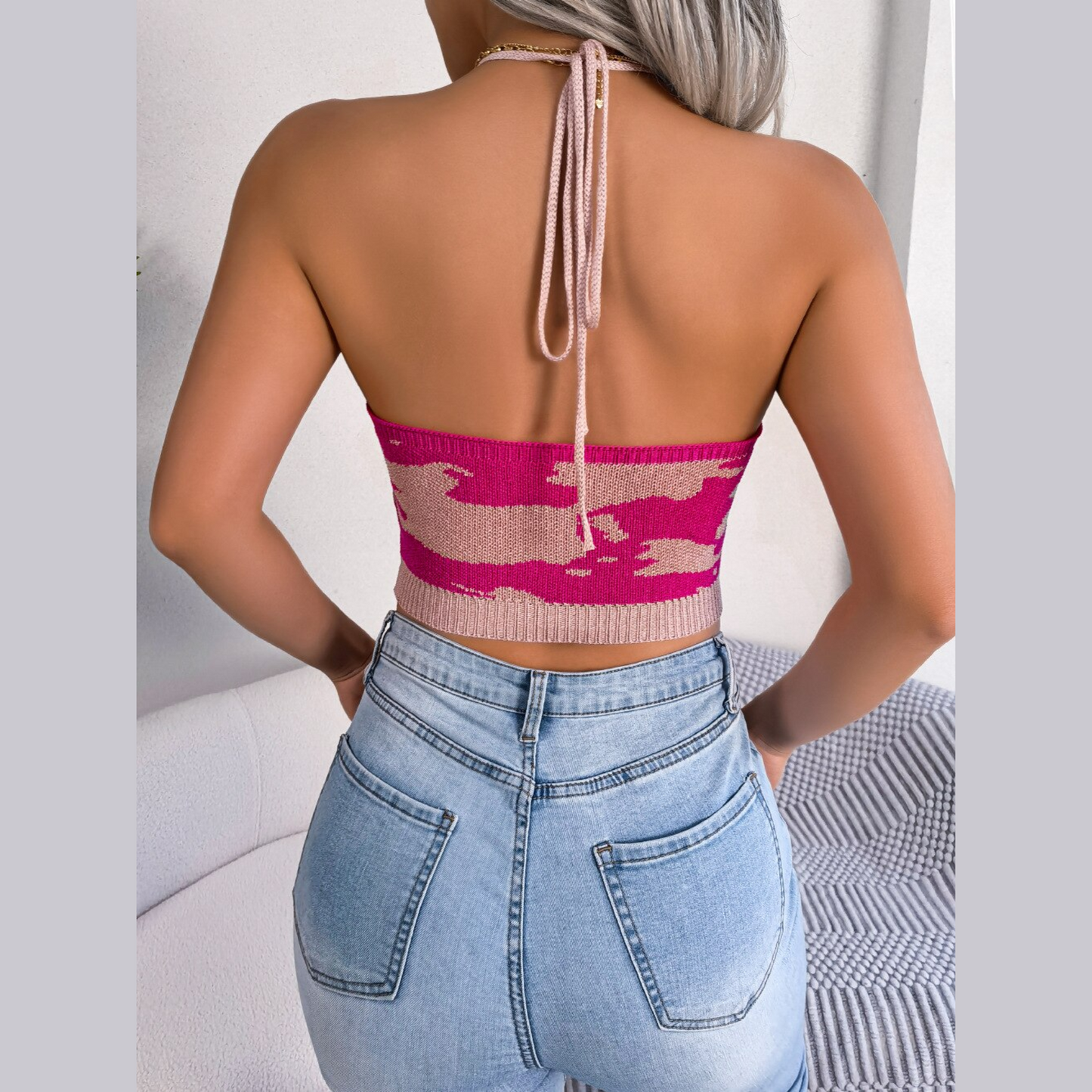 Bonnie - Pink Cow Print Knitted Crop Top