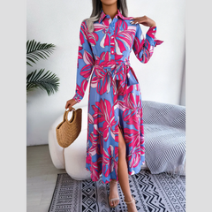 Inaya – Rosarotes Midikleid mit Blumenmuster und Knopfleiste