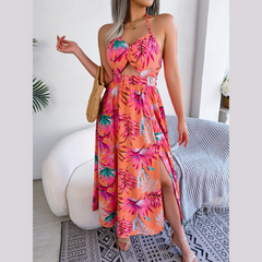 Eloise – Orangefarbenes Neckholderkleid mit Blumenmuster und Cut-outs