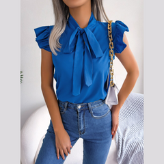 Britney - Blue Ruffle Cap Sleeves Tie Neck Top - Model Mannequin