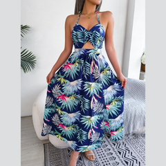 Eloise – Blaues Neckholderkleid mit Blumenmuster und Cut-outs