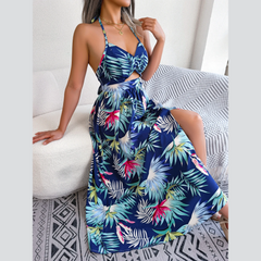 Eloise – Blaues Neckholderkleid mit Blumenmuster und Cut-outs