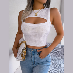 Christiana - Top de cortes de punto blanco con tejido blanco