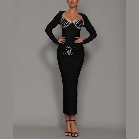 Solana - Vestido de vendaje maxi adornado con diamantes negros