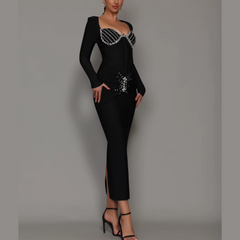 Solana - Vestido de vendaje maxi adornado con diamantes negros