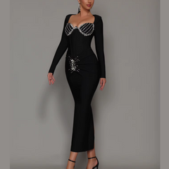 Solana - Vestido de vendaje maxi adornado con diamantes negros