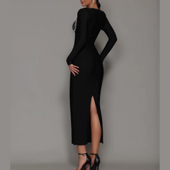 Solana - Vestido de vendaje maxi adornado con diamantes negros