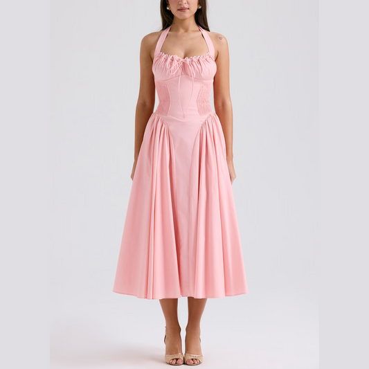 Solene - Pink A Line Midi Halter Neck Vestido