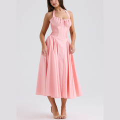 Solene - Pink A Line Midi Halter Neck Vestido
