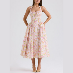 Solene - Floral A Line Midi Halter Neck Dress