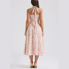 Solene - Floral A Line Midi Halter Neck Dress