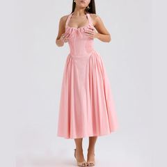 Solene - Pink A Line Midi Halter Neck Vestido
